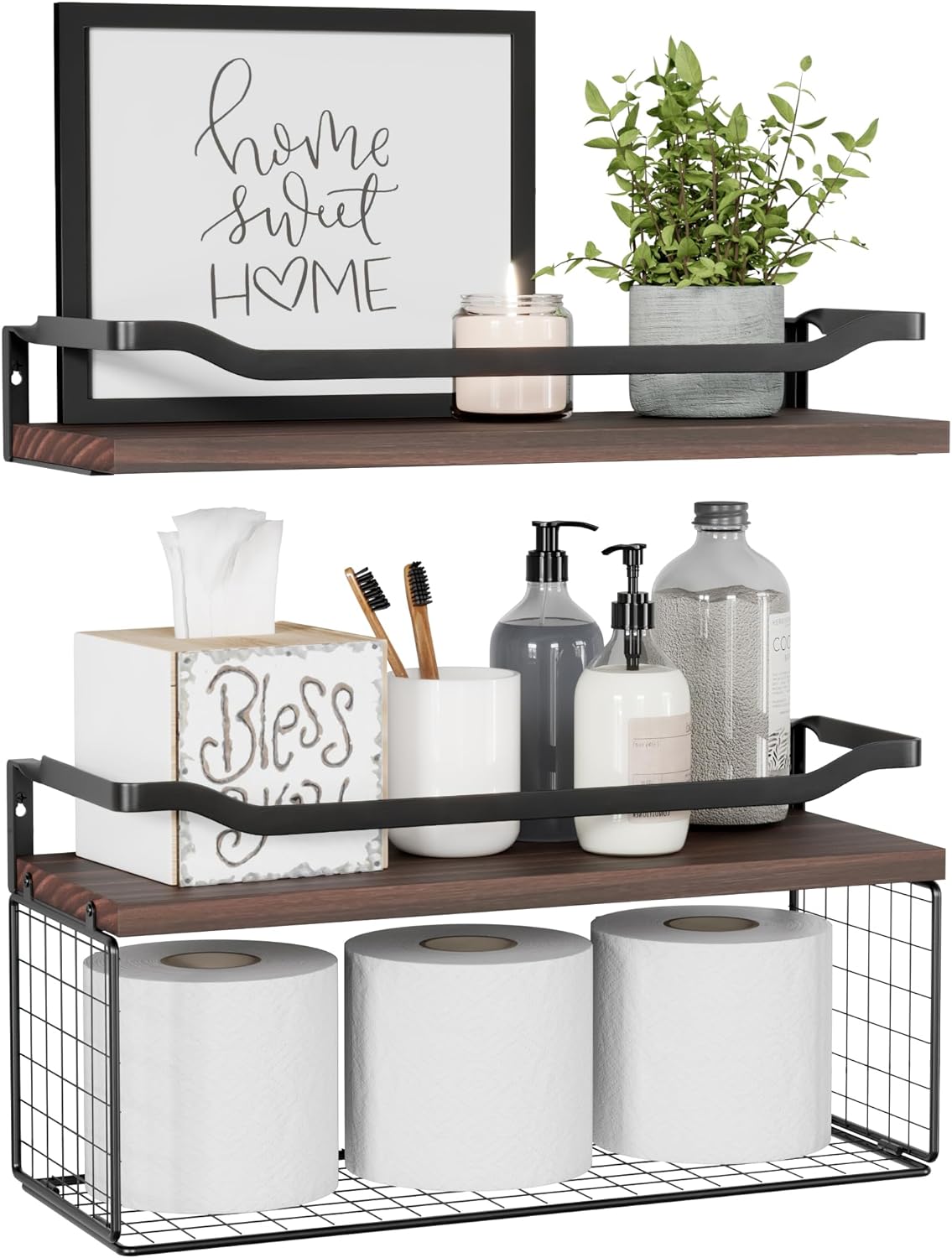 Floating Shelves with Wire Storage Basket, Bathroom Shelves, Wall Shelves Floating Shelves with Wire Storage Basket, Bathroom Shelves, Wall Shelves